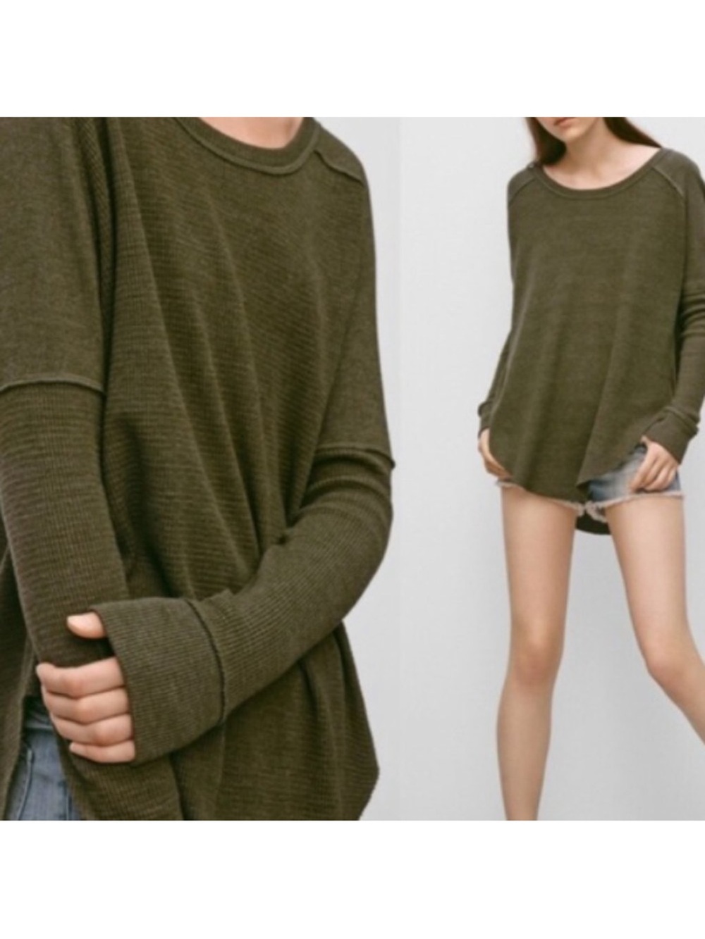 Aritzia TNA Alder Thermal Long Sleeve Top Gunmetal Green Size Small